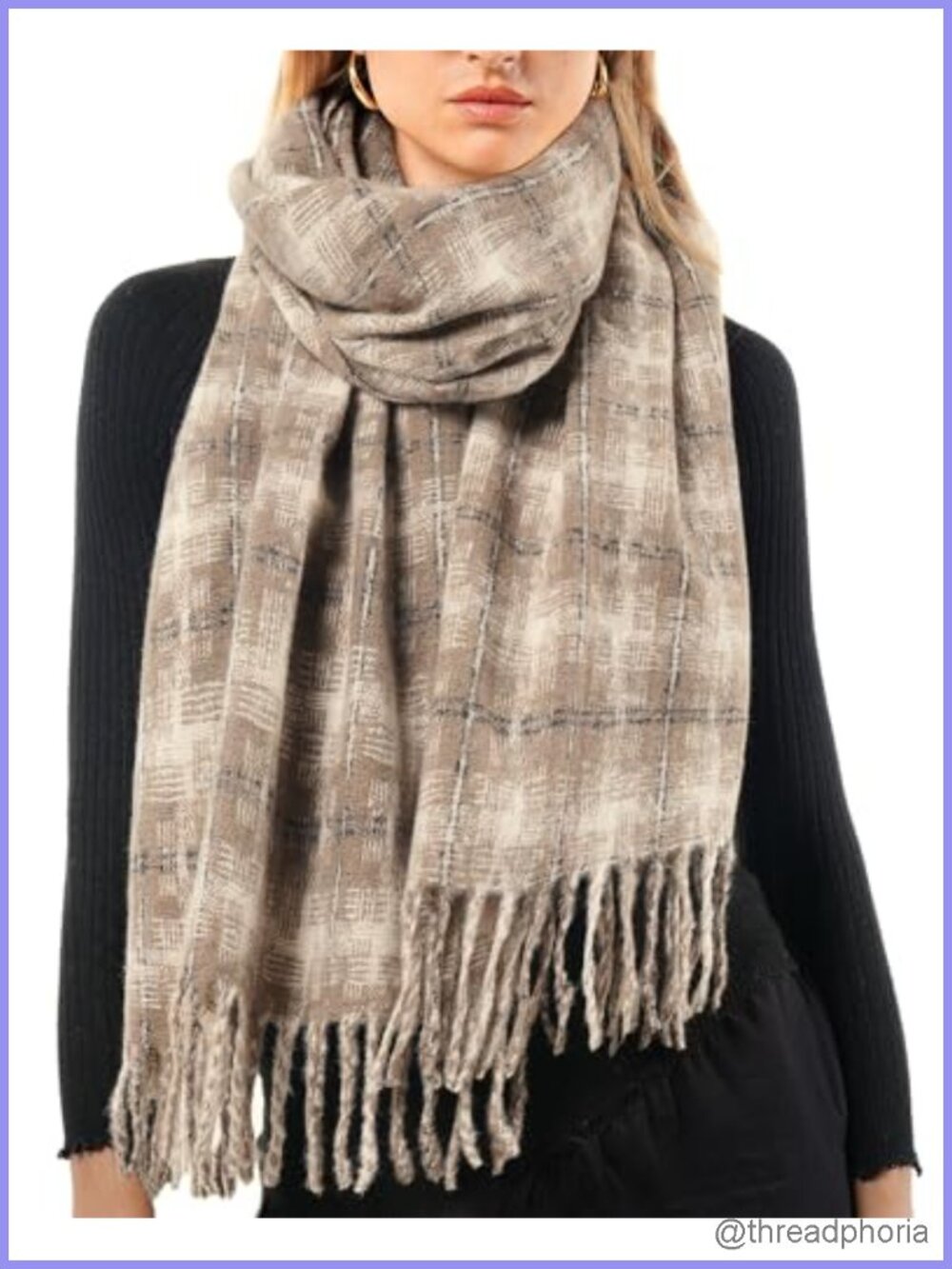 Winter Plaid Scarf for Women Shawl Wrap with Tassel Oversized Cashmere Blend